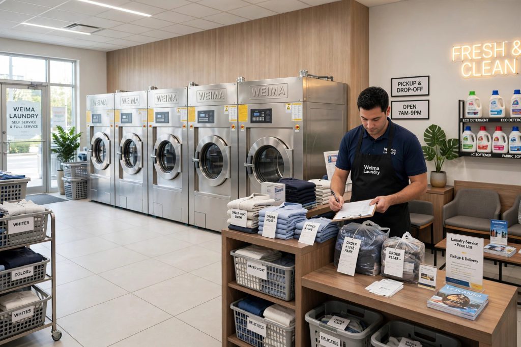 Tiệm giặt là chuyên nghiệp sử dụng máy giặt công nghiệp Weima