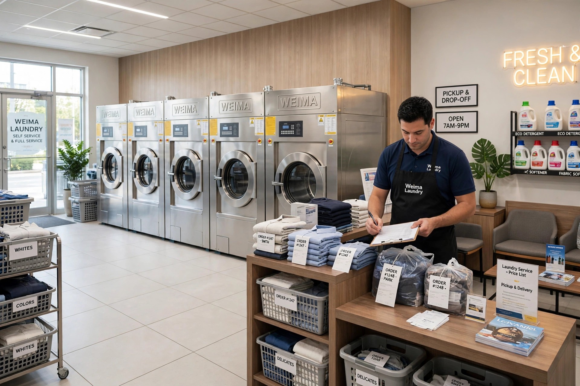 Tiệm giặt là chuyên nghiệp sử dụng máy giặt công nghiệp Weima